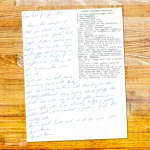Handwritten recipe for Layered Spaghetti Vegetables