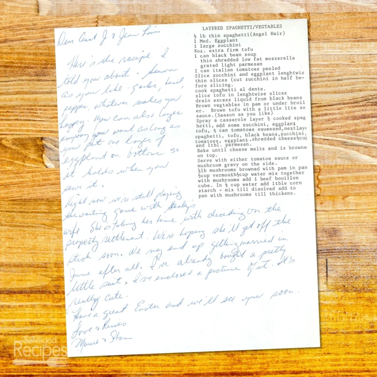 Handwritten recipe for Layered Spaghetti Vegetables