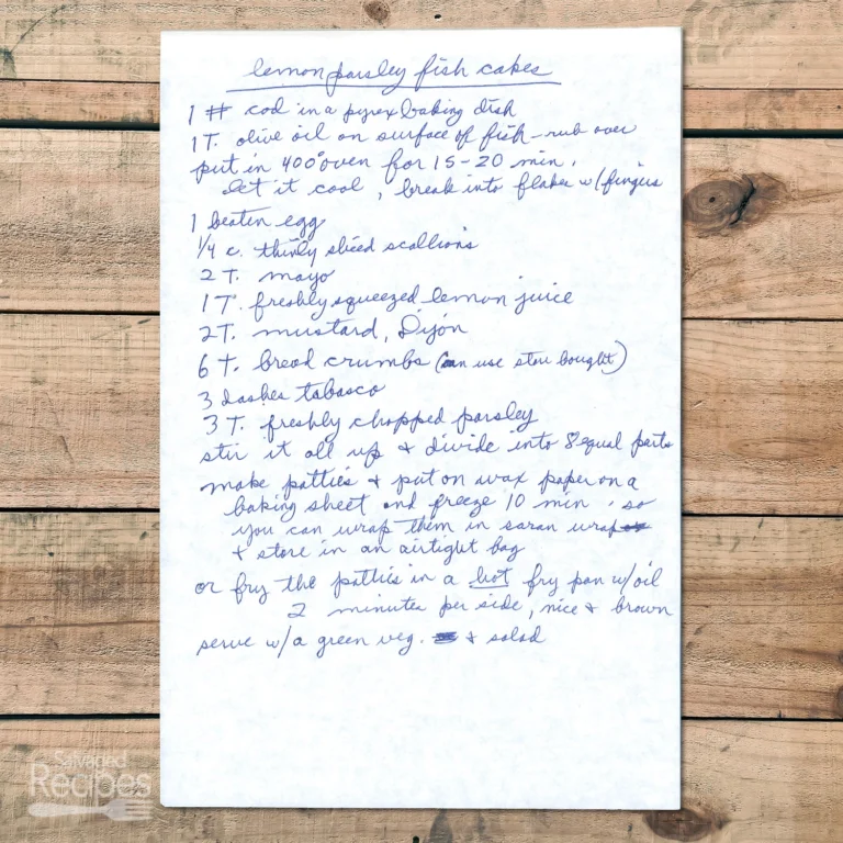 Handwritten recipes for Lemon Parsley Fish Cakes