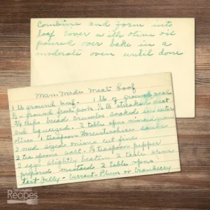 Handwritten recipe card for Man-made Meatloaf
