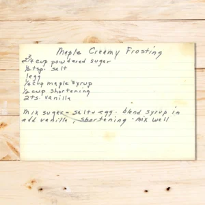 Handwritten recipe card for Maple Creamy Frosting