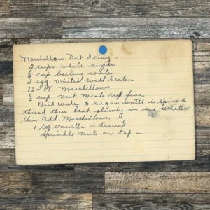Handwritten recipe card for Marshmallow Nut Icing