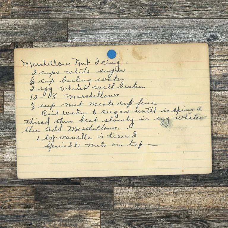 Handwritten recipe card for Marshmallow Nut Icing