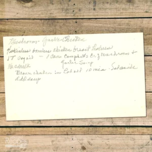 Handwritten recipe card for Mushroom-Garlic Chicken