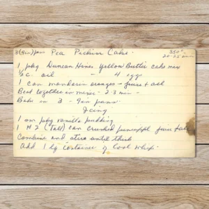 Handwritten recipe card for Pea Pickin Cake