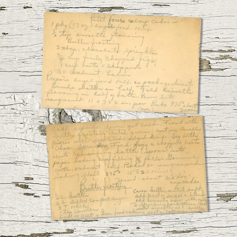 Handwritten recipe card for Petit Fours