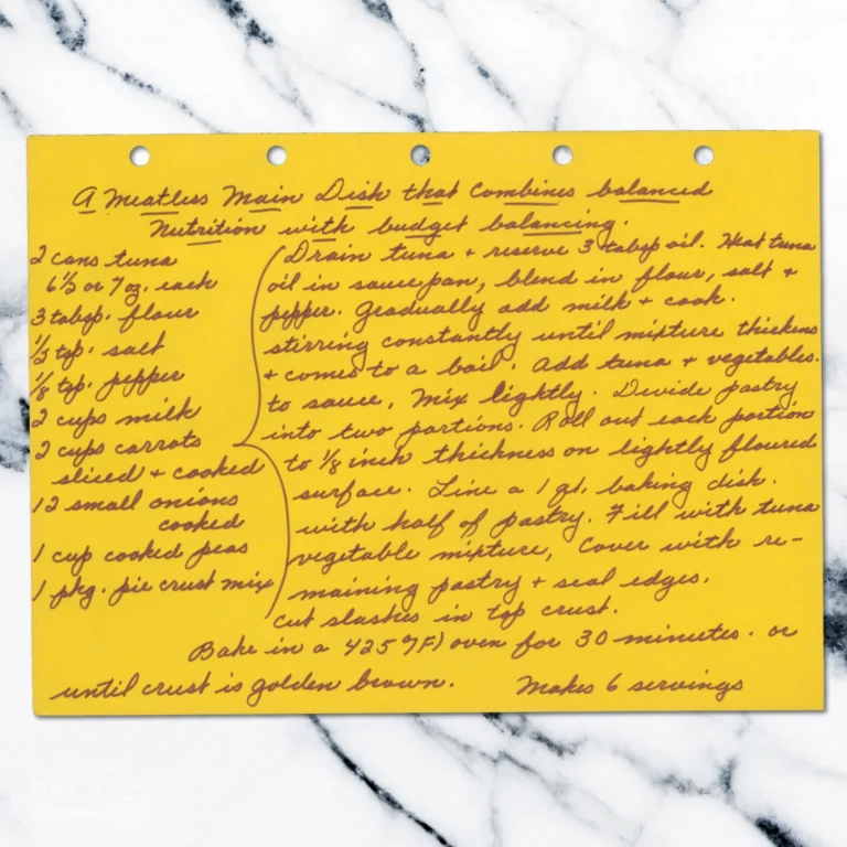 Handwritten recipe for A Meatless Main Dish