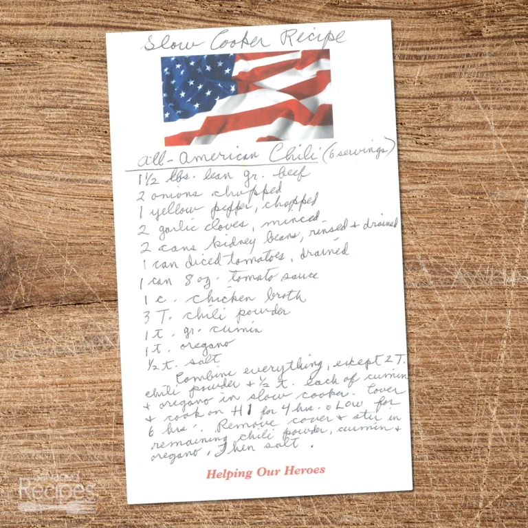 Handwritten recipe for All-AMerican Chilli