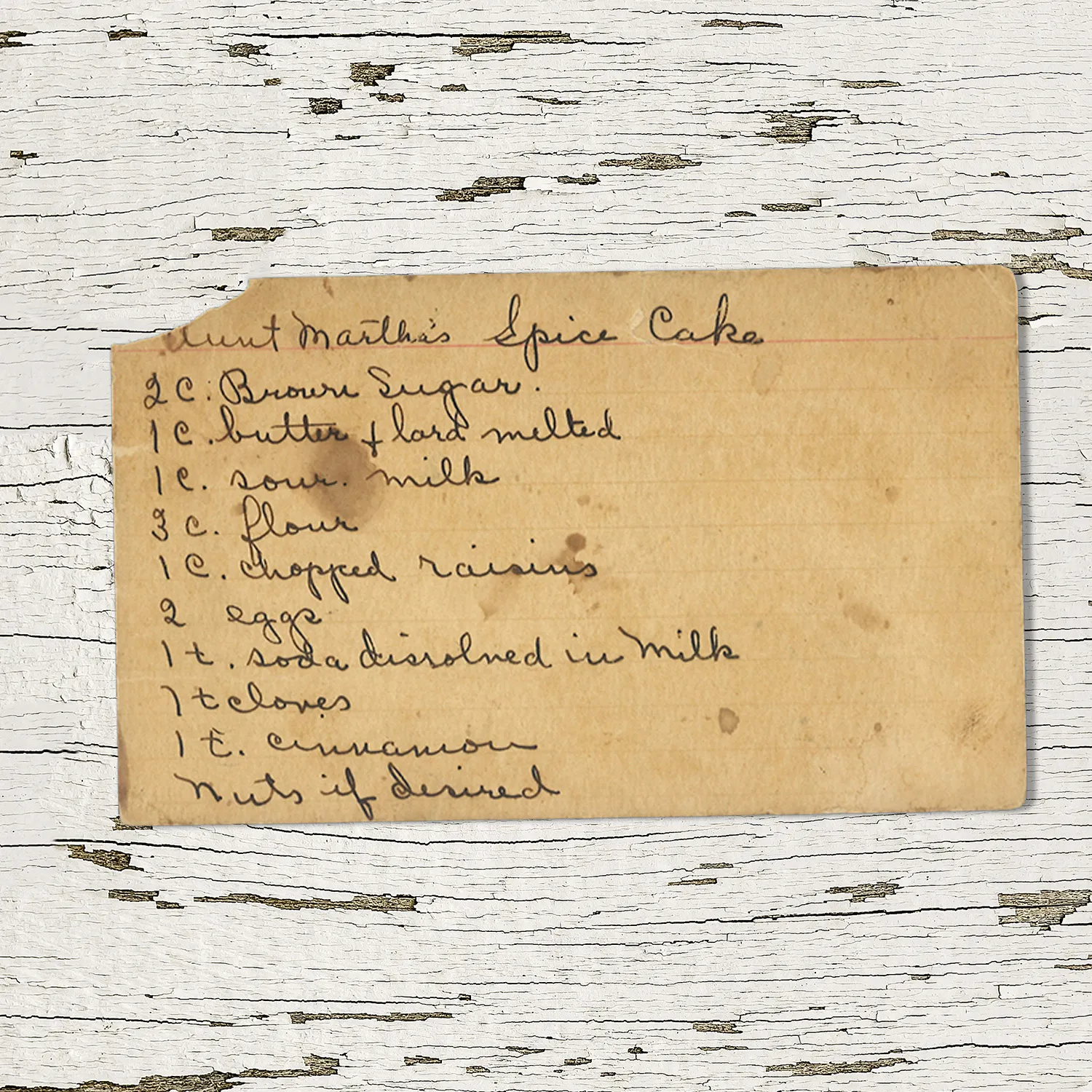 Handwritten recipe card for Aunt Martha's Spice Cake