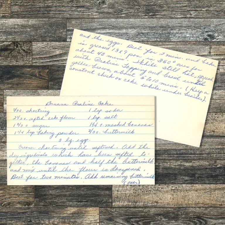 Handwritten recipe card for Banana Praline Cake