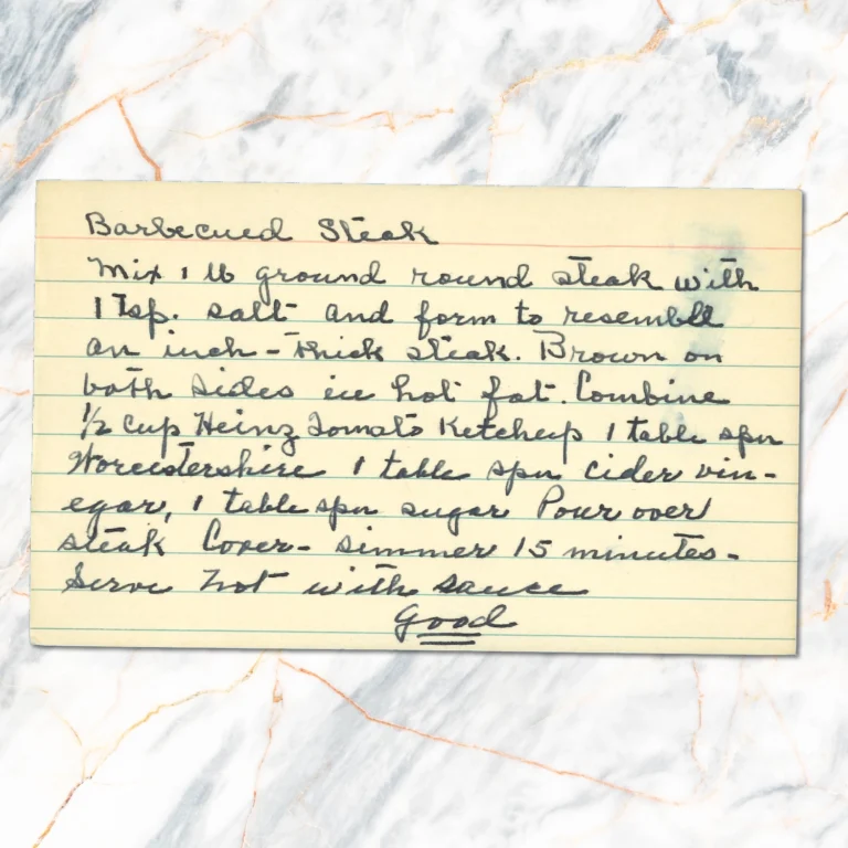 Handwritten recipe card for Barbecued Steak