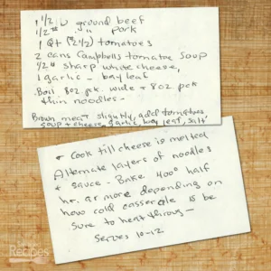 Handwritten recipe card for Beef Noodle Casserole