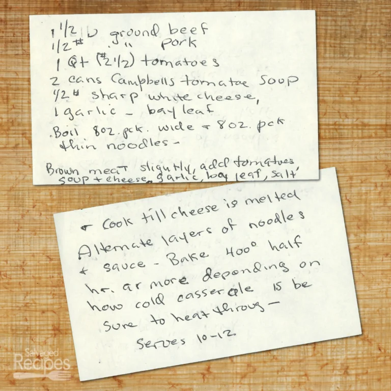 Handwritten recipe card for Beef Noodle Casserole