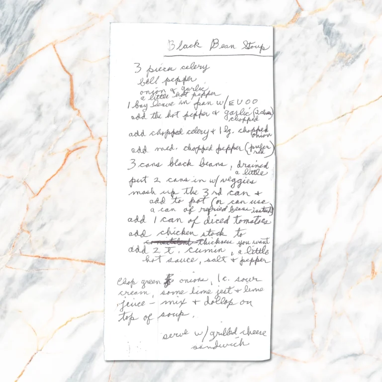 Handwritten recipe for Black Bean Stoup