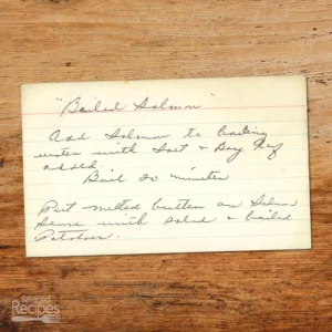 Handwritten recipe card for Boiled Salmon