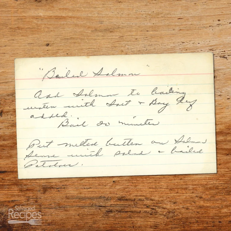 Handwritten recipe card for Boiled Salmon