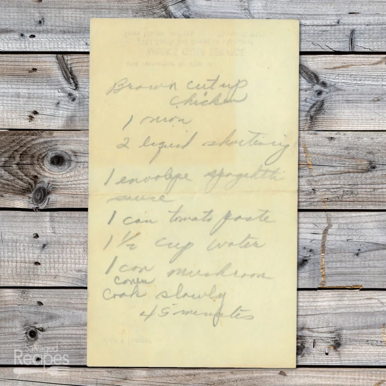 Handwritten recipe for Brown Cut Up Chicken