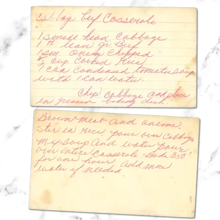 Handwritten recipe card for Cabbage LEaf Casserole