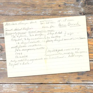 Handwritten recipe card for Carrot Walnut Muffins