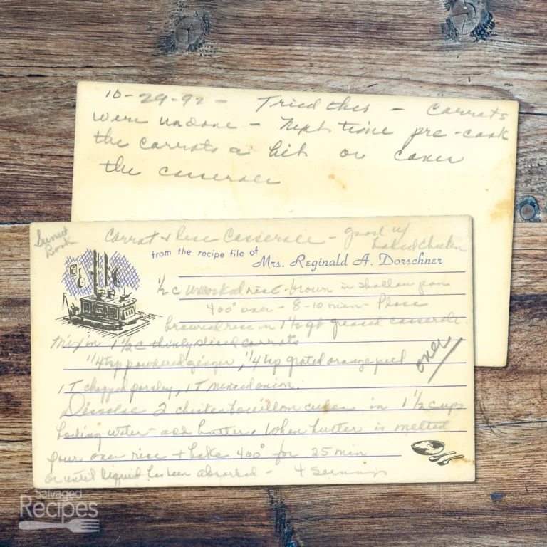 Handwritten recipe card for Carrot and Rice Casserole