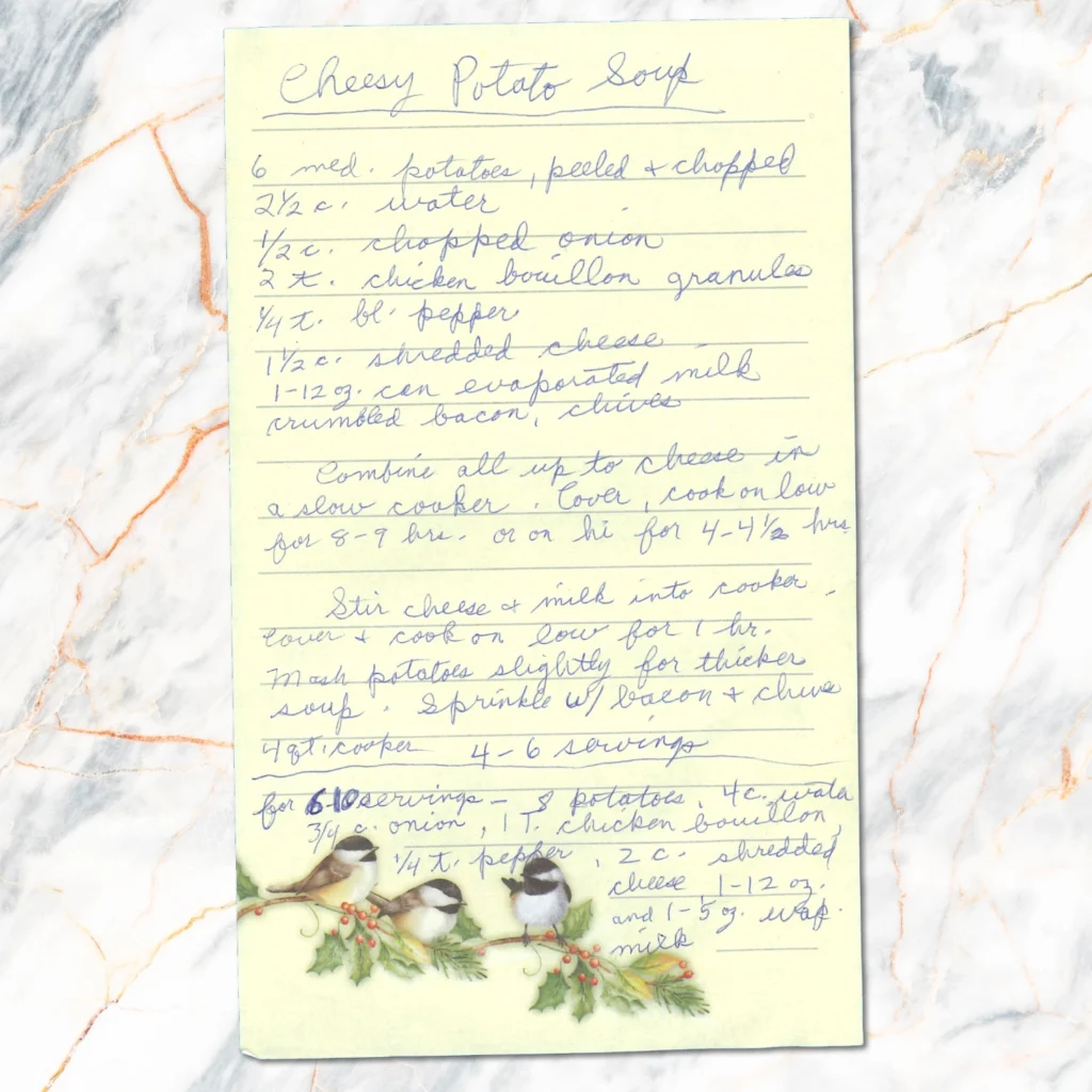 Handwritten recipe for Cheesy Potato Soup