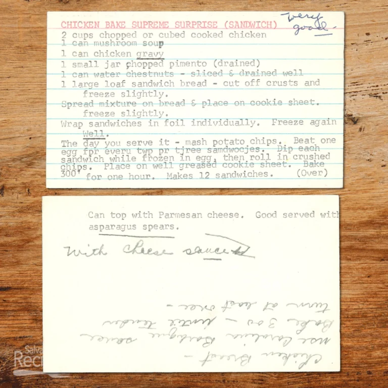 Typed recipe card for Chicken Bake Supreme Surprise Sandwich