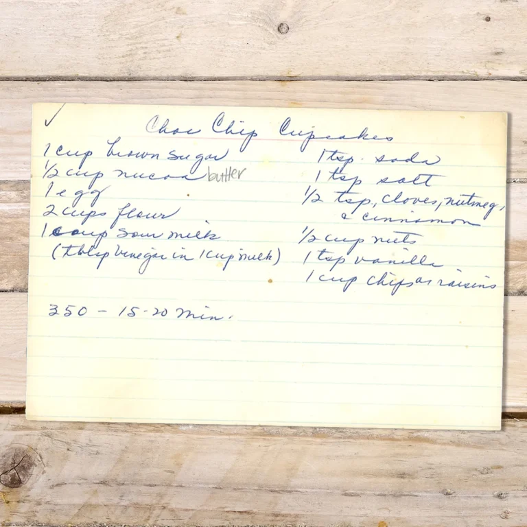 Handwritten recipe for Chocolate Chip Cupcakes