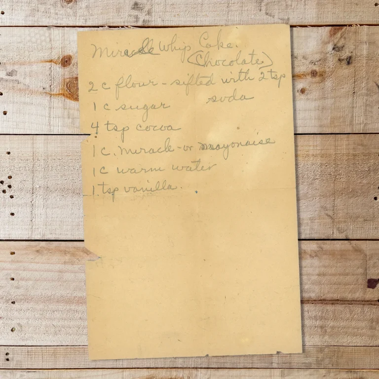Handwritten recipe for Chocolate Miracle Whip Cake