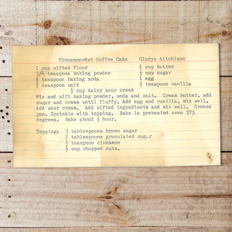 Handwritten recipe card for Cinnamon Nut Coffee Cake from Gladys Aitchison
