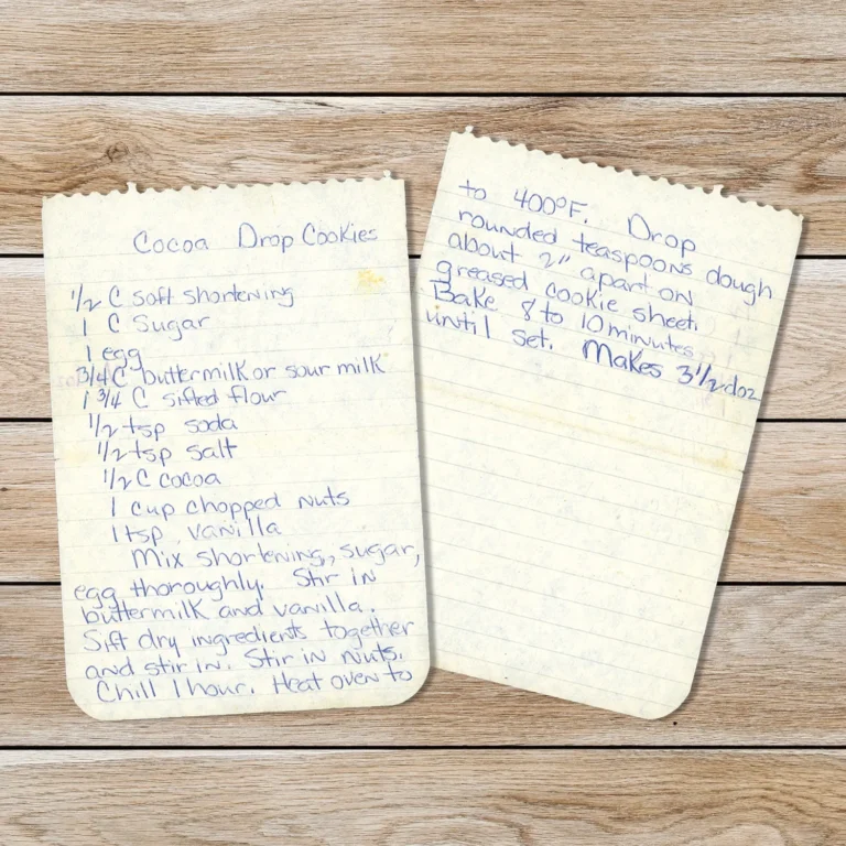 Handwritten recipe for Cocoa Drop Cookies