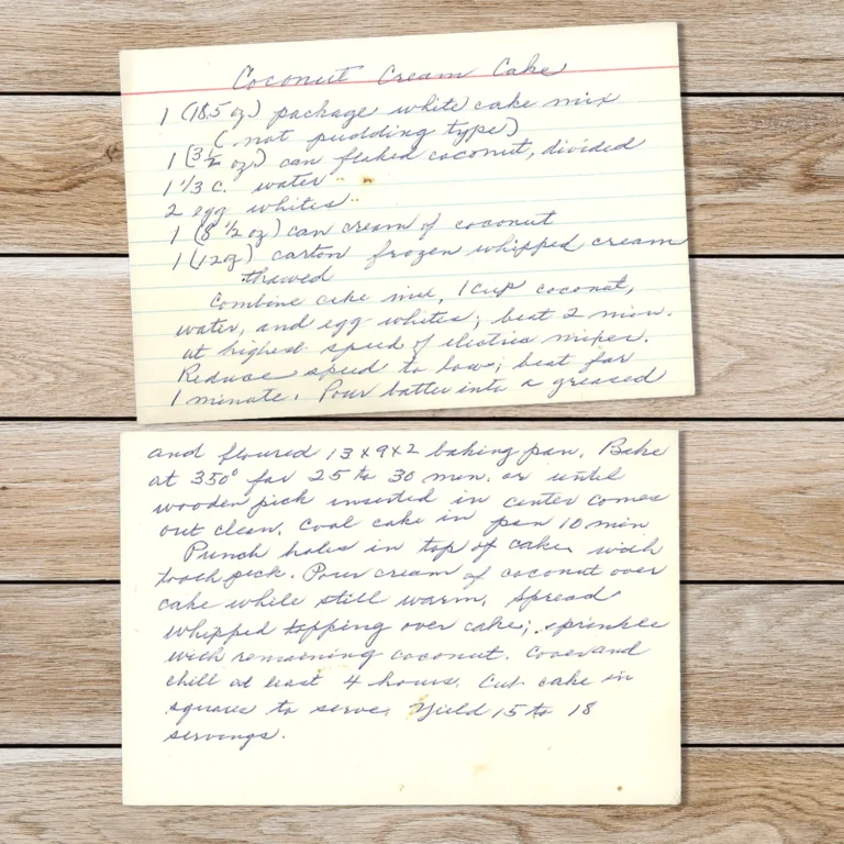 Handwritten recipe card for Coconut Cream Cake