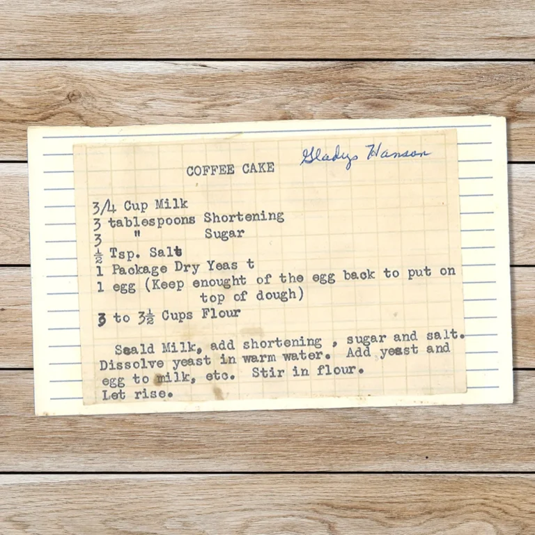 Typed recipe card for Coffee Cake from Gladys Hanson