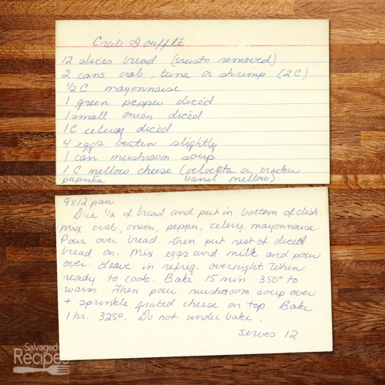 Handwritten recipe card for Crab Soufflé