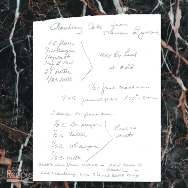 Handwritten recipe for Cranberry Cake from Marian
