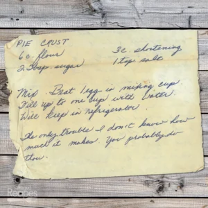 Handwritten recipe for Pie Crust