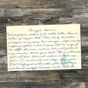Handwritten recipe card for Pineapple Bavarian