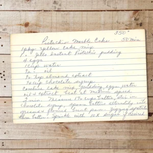 Handwritten recipe card for Pistachio Marble Cake