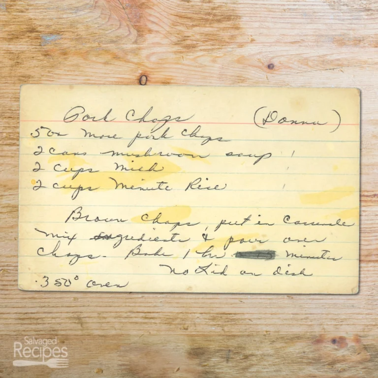 Handwritten recipe for Pork Chops from Donna