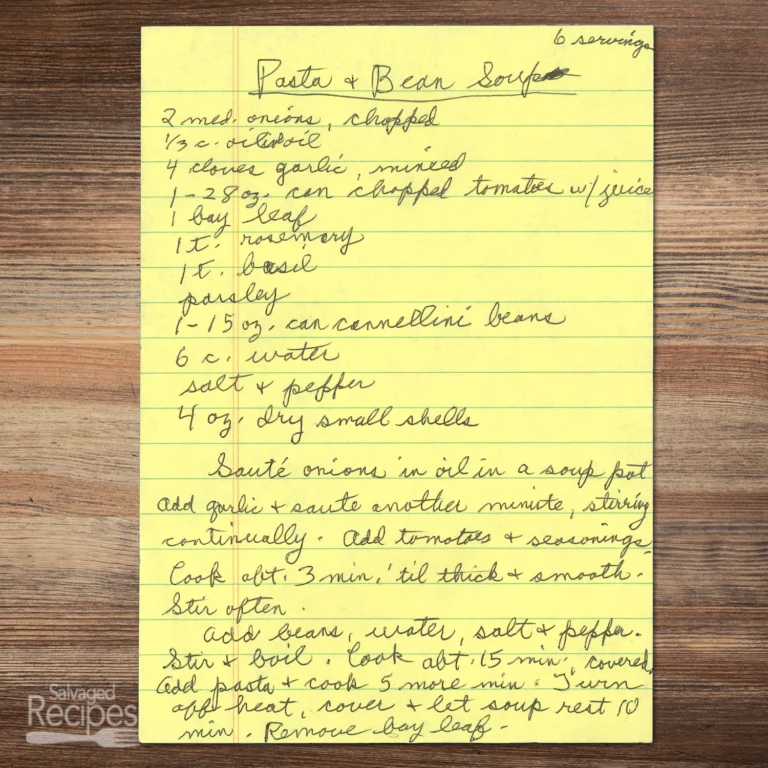 Handwritten recipe for Pasta and Bean Soup