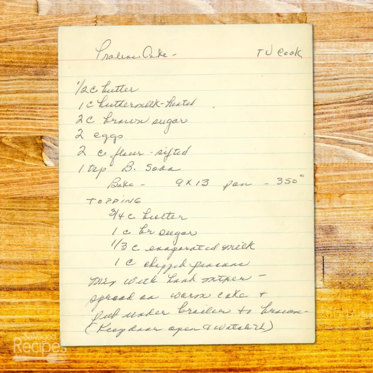 Handwritten recipe for Praline Cake