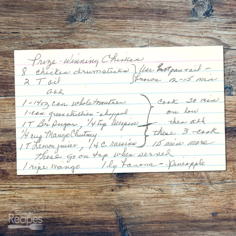Handwritten recipe card for Prize Winning Chicken