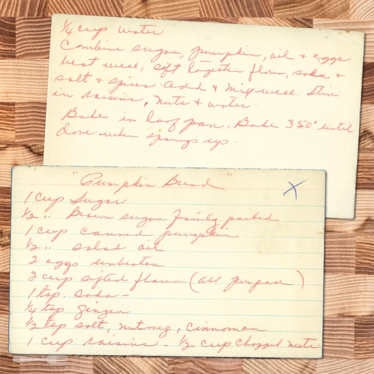 Handwritten recipe card for Pumpkin Bread