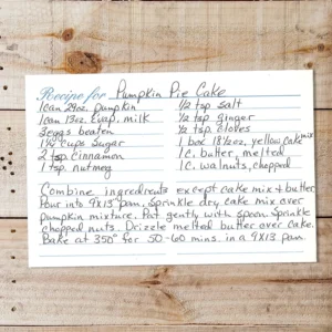 Handwritten recipe card for Pumpkin Pie Cake