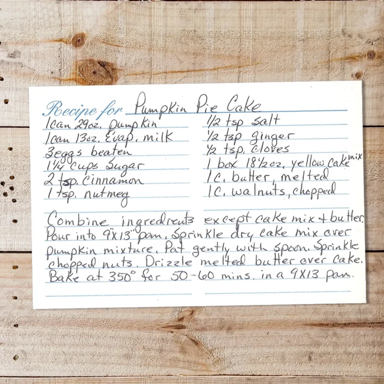 Handwritten recipe card for Pumpkin Pie Cake