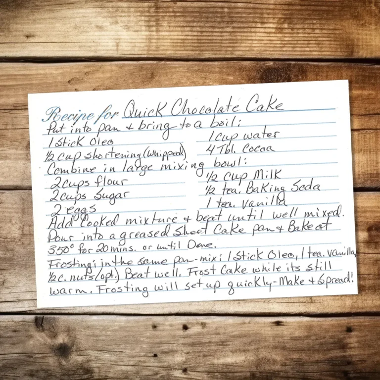 Handwritten recipe card for Quick Chocolate Cake
