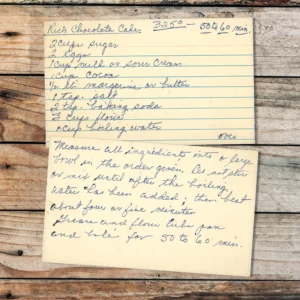 Handwritten recipe card for Rich Chocolate Cake