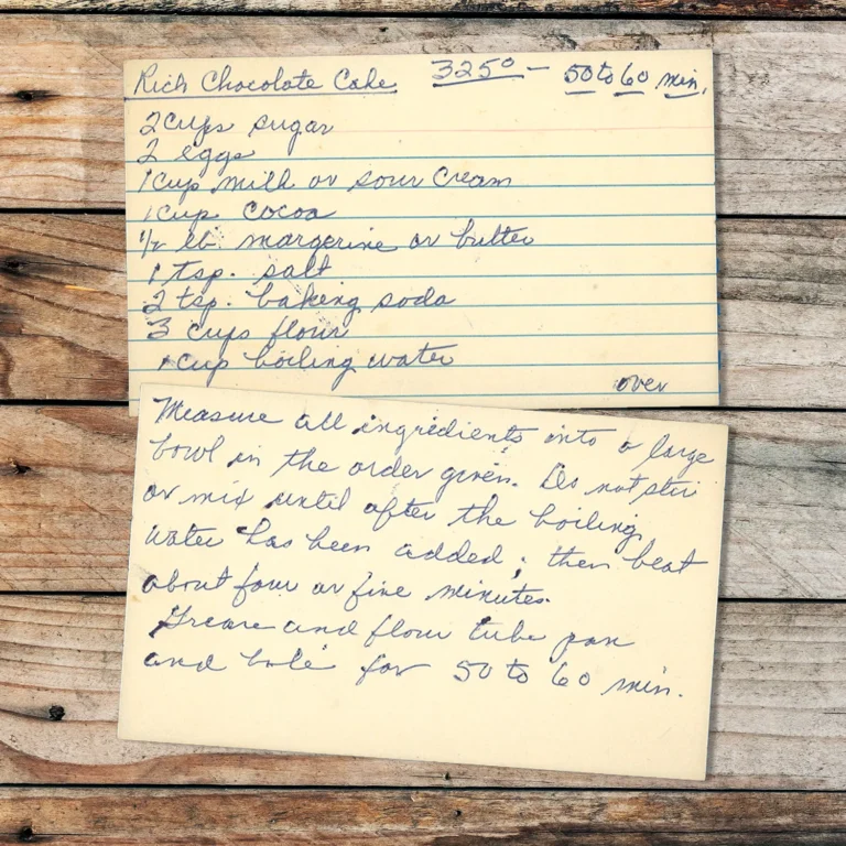 Handwritten recipe card for Rich Chocolate Cake