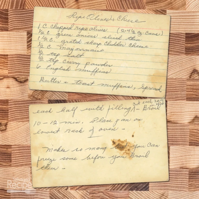 Handwritten recipe card for Ripe Olives and Cheese Appetizer