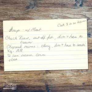 Handwritten recipe card for Soup with Meat