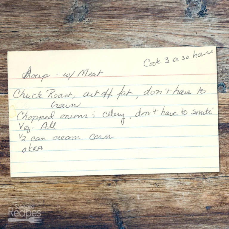 Handwritten recipe card for Soup with Meat